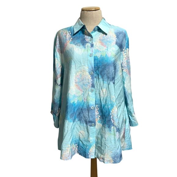 Shana Size Medium Fairy Tale Trees Button Up Aqua Blue Long Sleeve Coastal Shirt - Picture 14 of 14